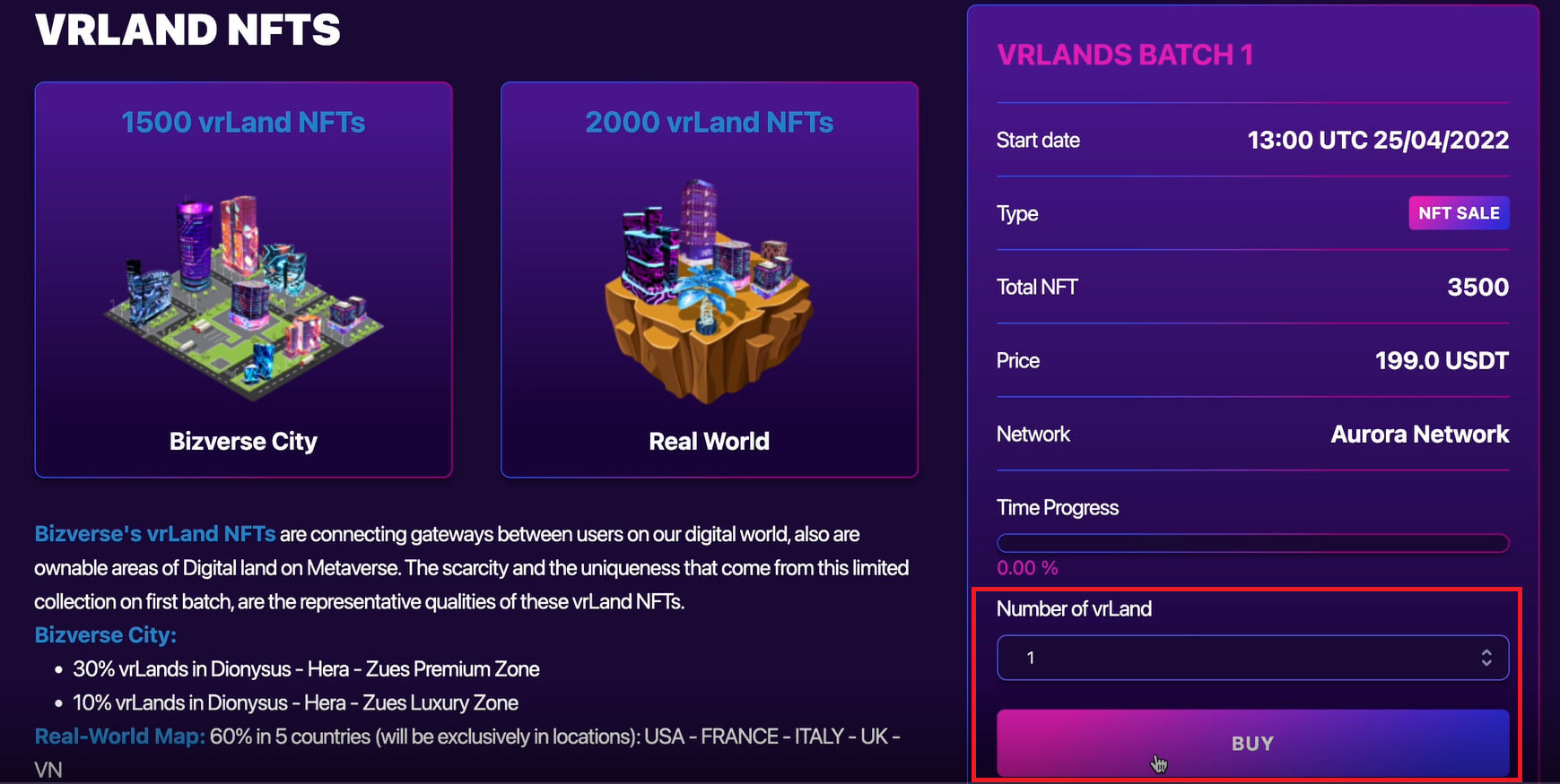 Select the amount of VrLand you want to buy