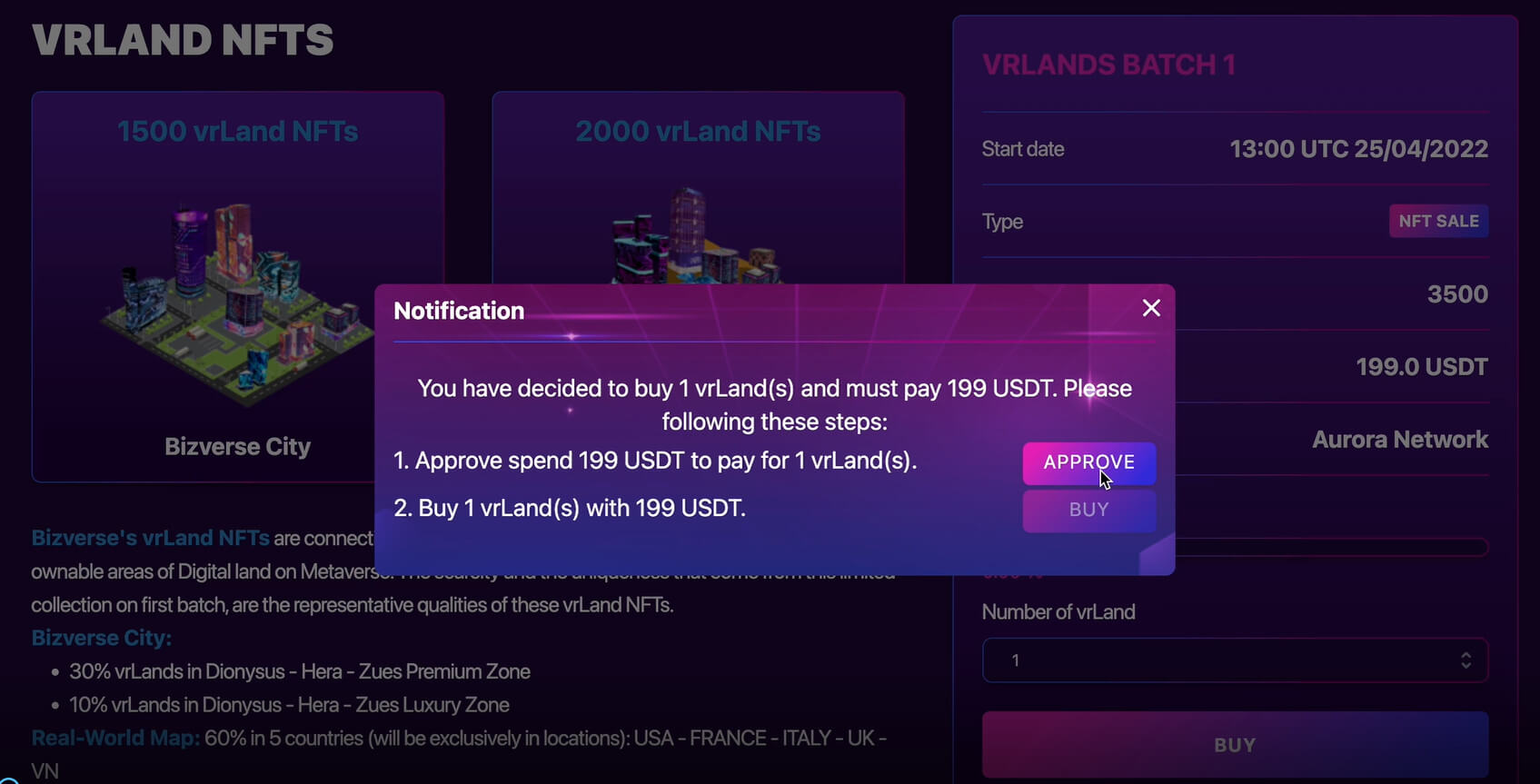 Confirm the purchase price of VrLand